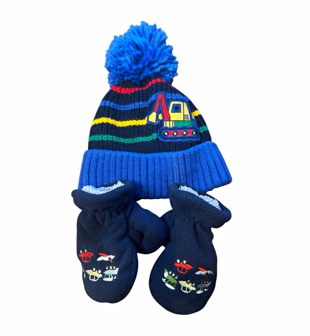 The Children's Place Boys L/G Blue Striped Pom Beanie & Mittens Set 2753-TR